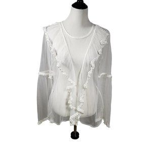 Luzabelle Women's size Medium/Large White Sheer Long Sleeve Top w/ Faux Pearls